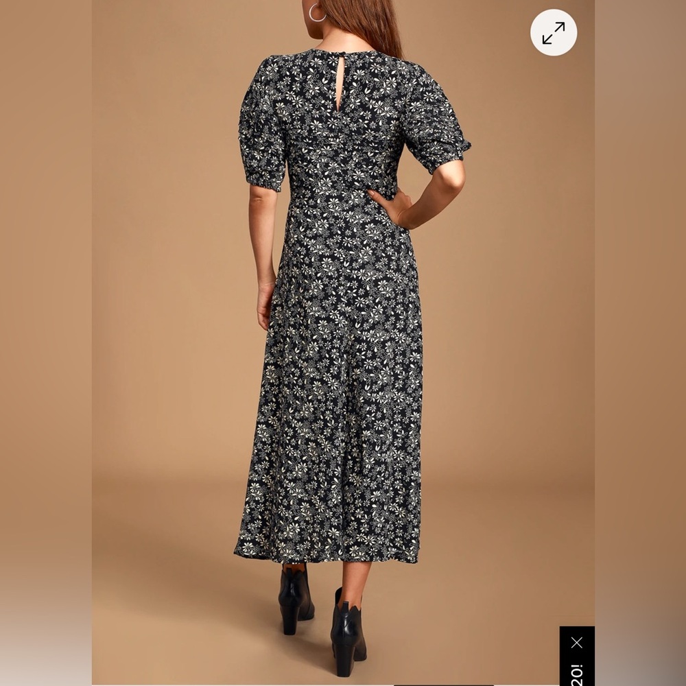 Free People Jessie Black Floral Print Puff Sleeve Midi Dress. Size 12 - Picture 4 of 11